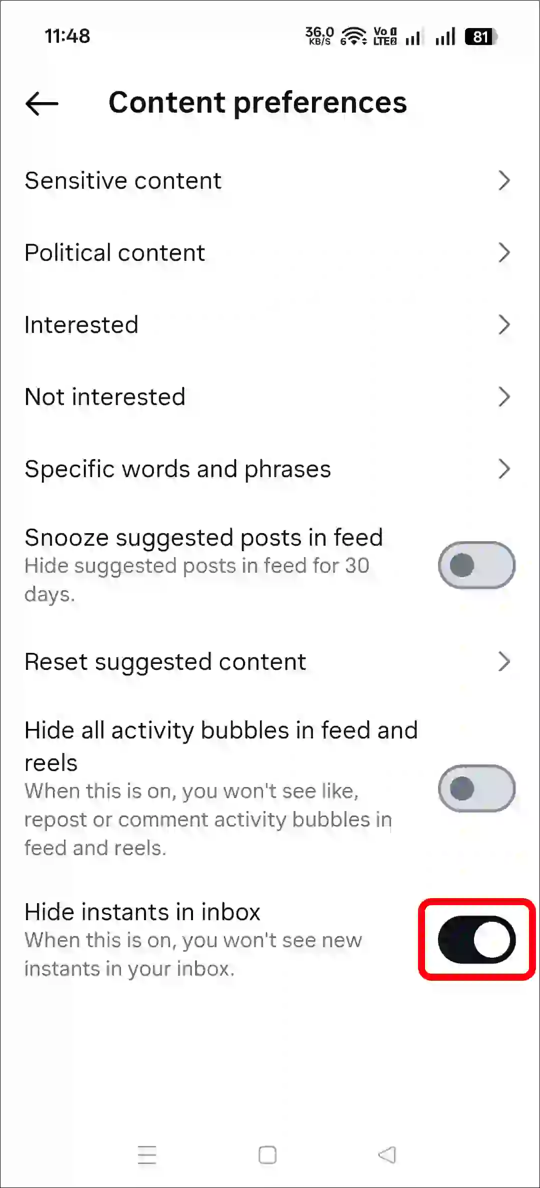 disable instant in instagram