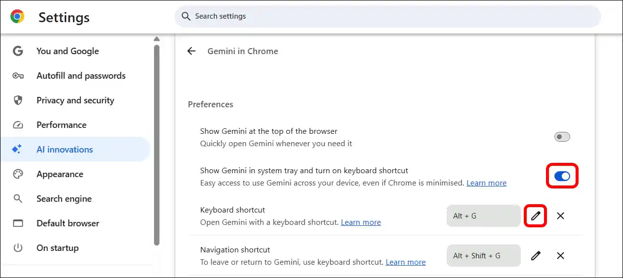 open gemini with a keyboard shortcut