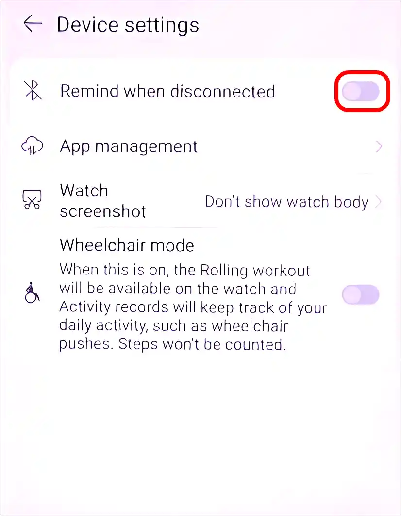 disable disconnecting notification on huawei watch fit 5 pro