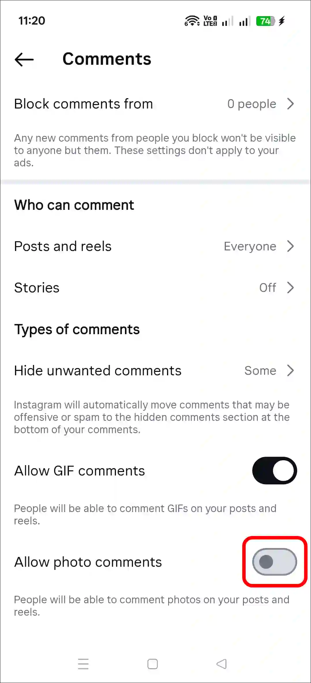 disable instagram photo comments