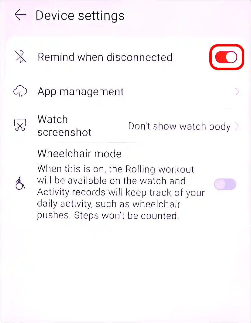 enable disconnecting notification on huawei watch fit 5 pro