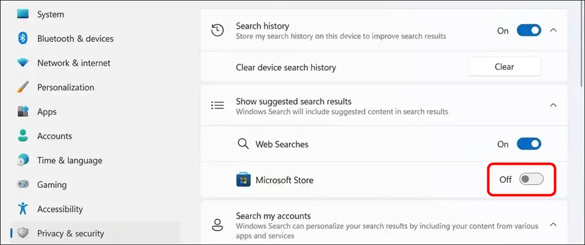 hide microsoft store suggested search results