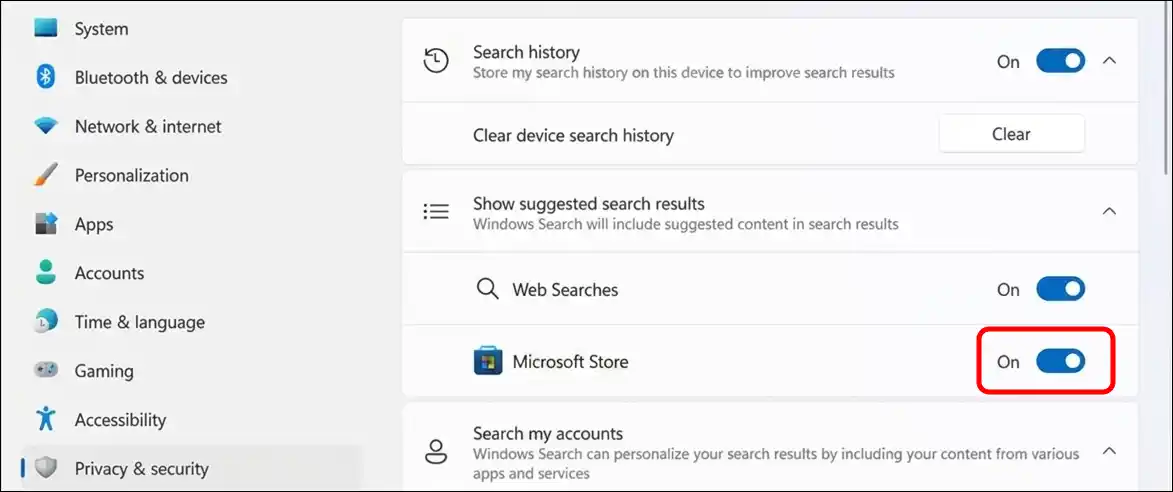 show microsoft store suggested search results