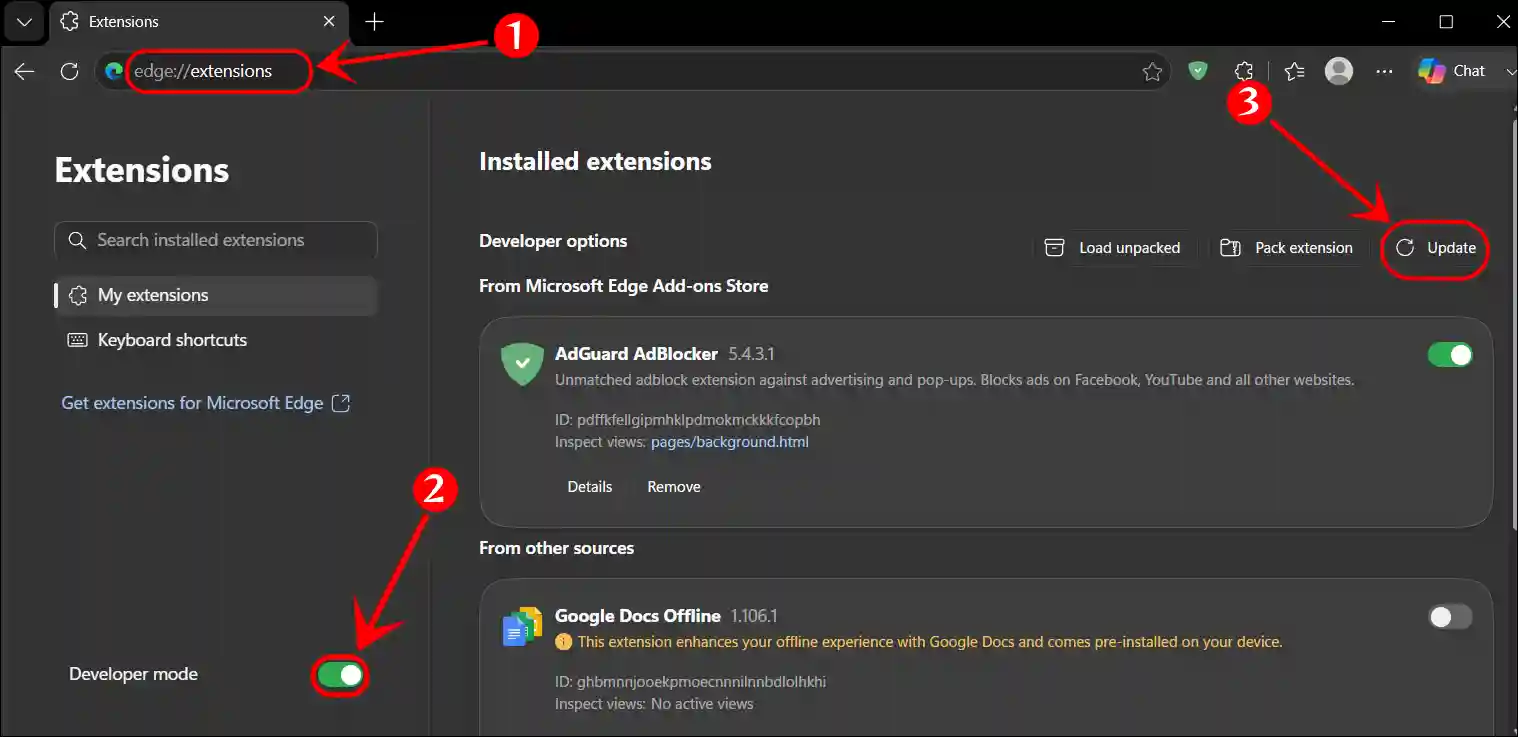 update edge extensions manually