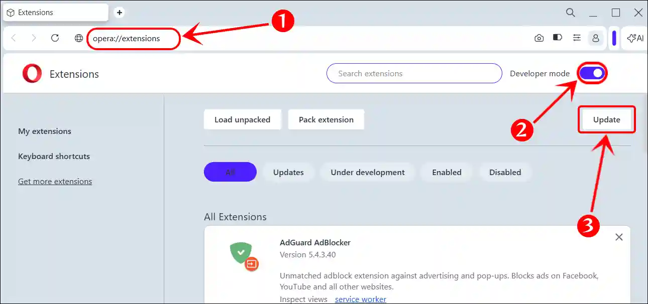 update opera (gx) extensions manually