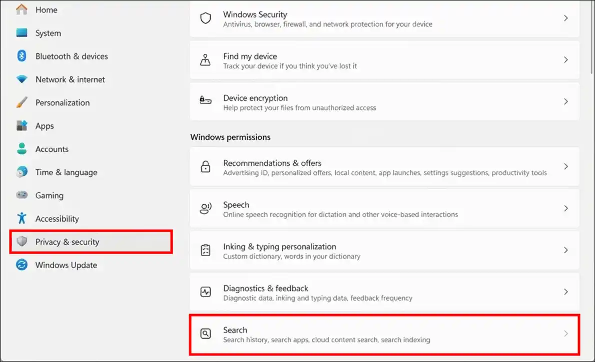 windows 11 search settings