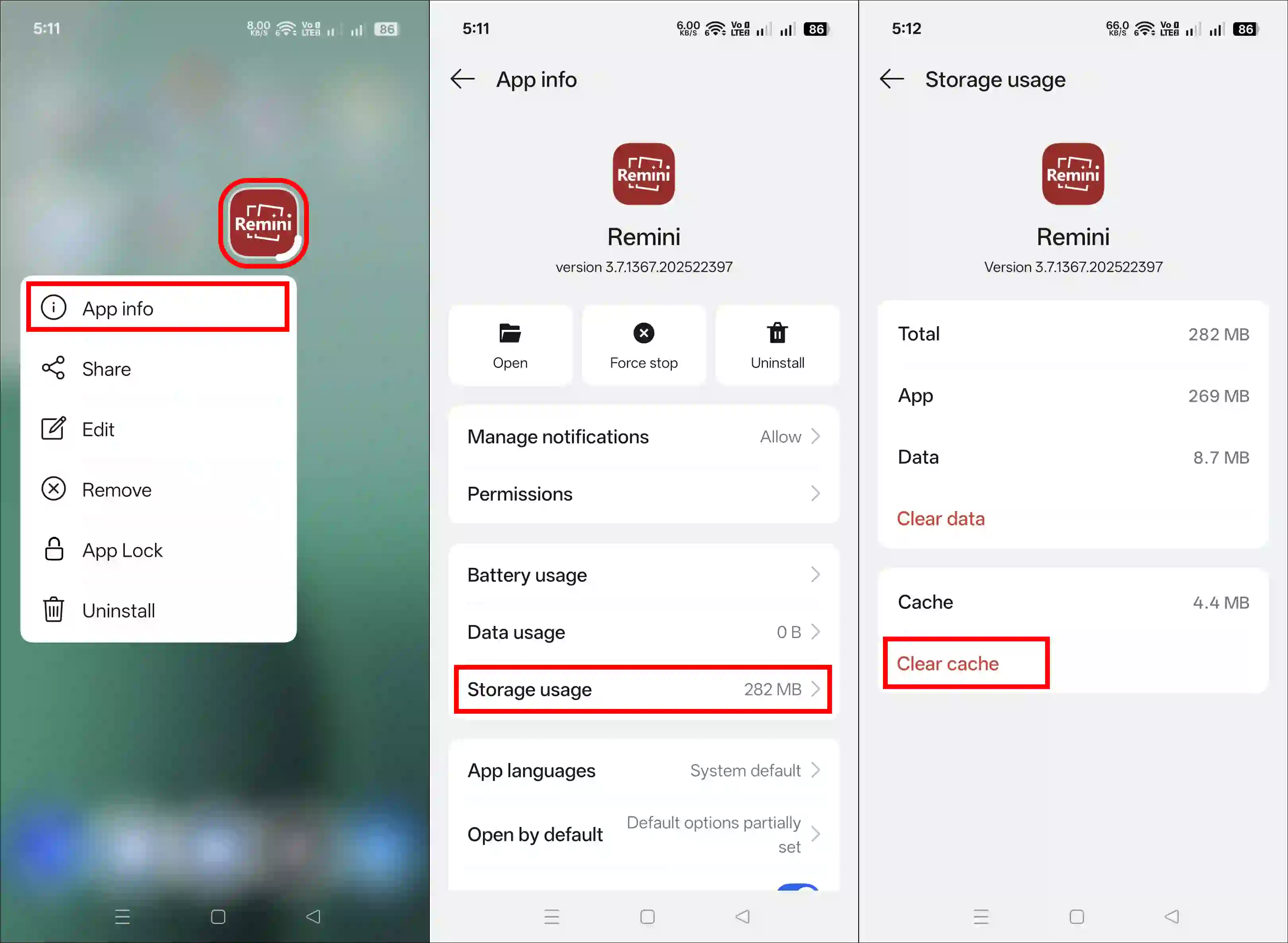 clear remini app cache