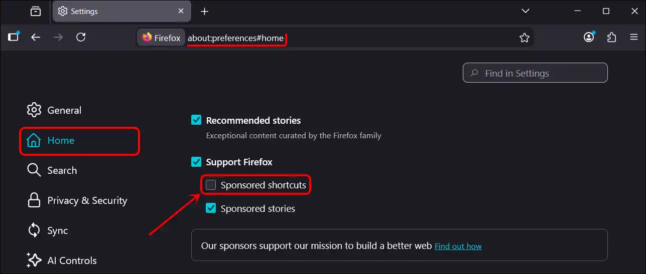 remove sponsored shortcuts from new tab page