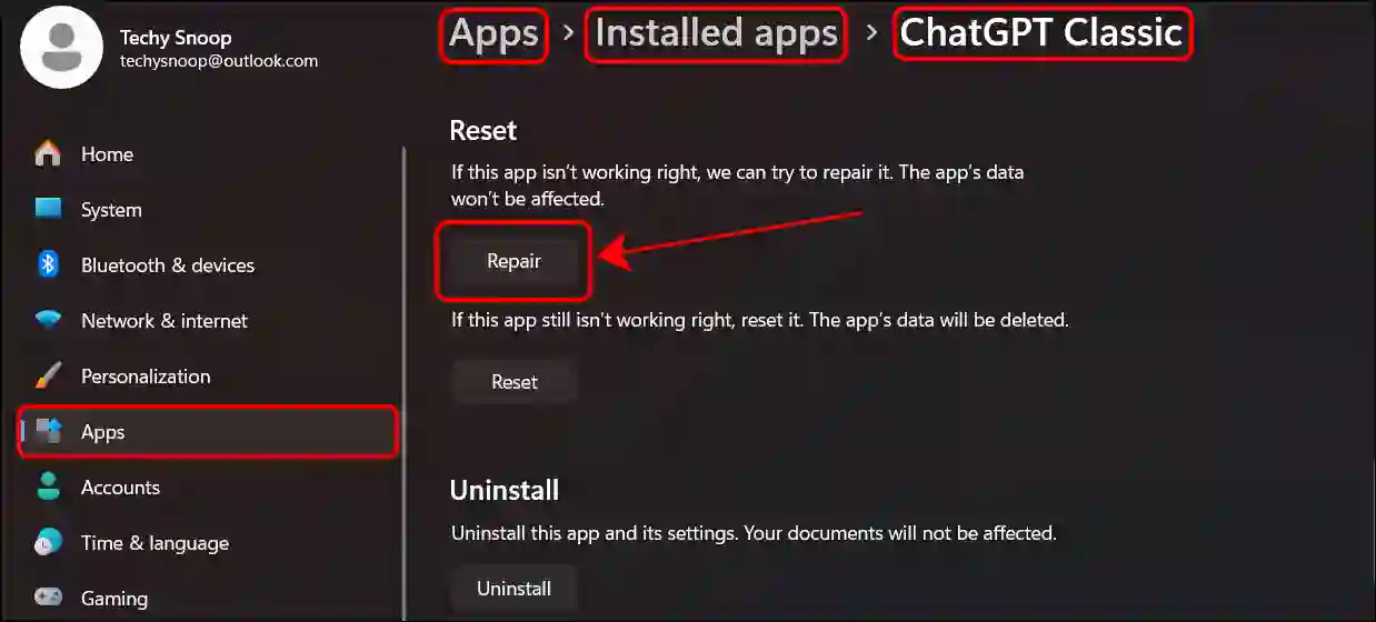 repair chatgpt app windows 11