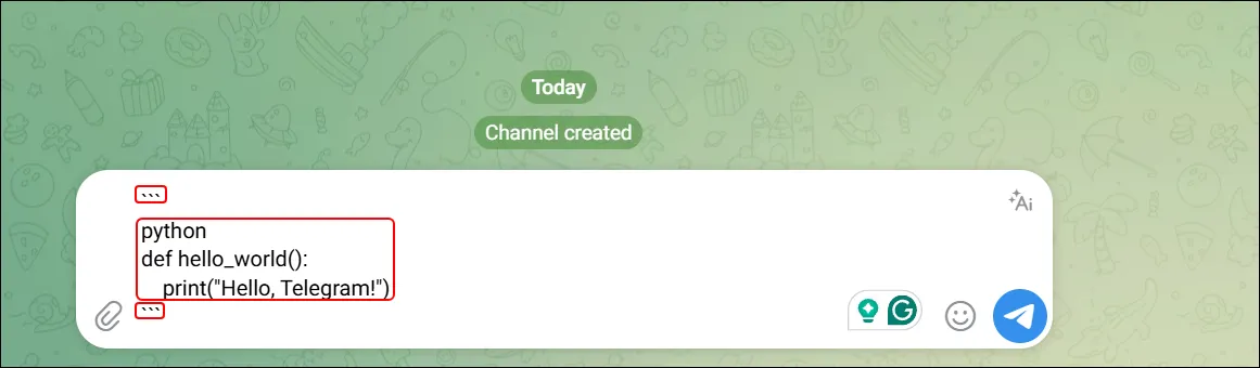 telegram code block in message, telegram code block highlight, telegram code markdown, telegram text formatting code
