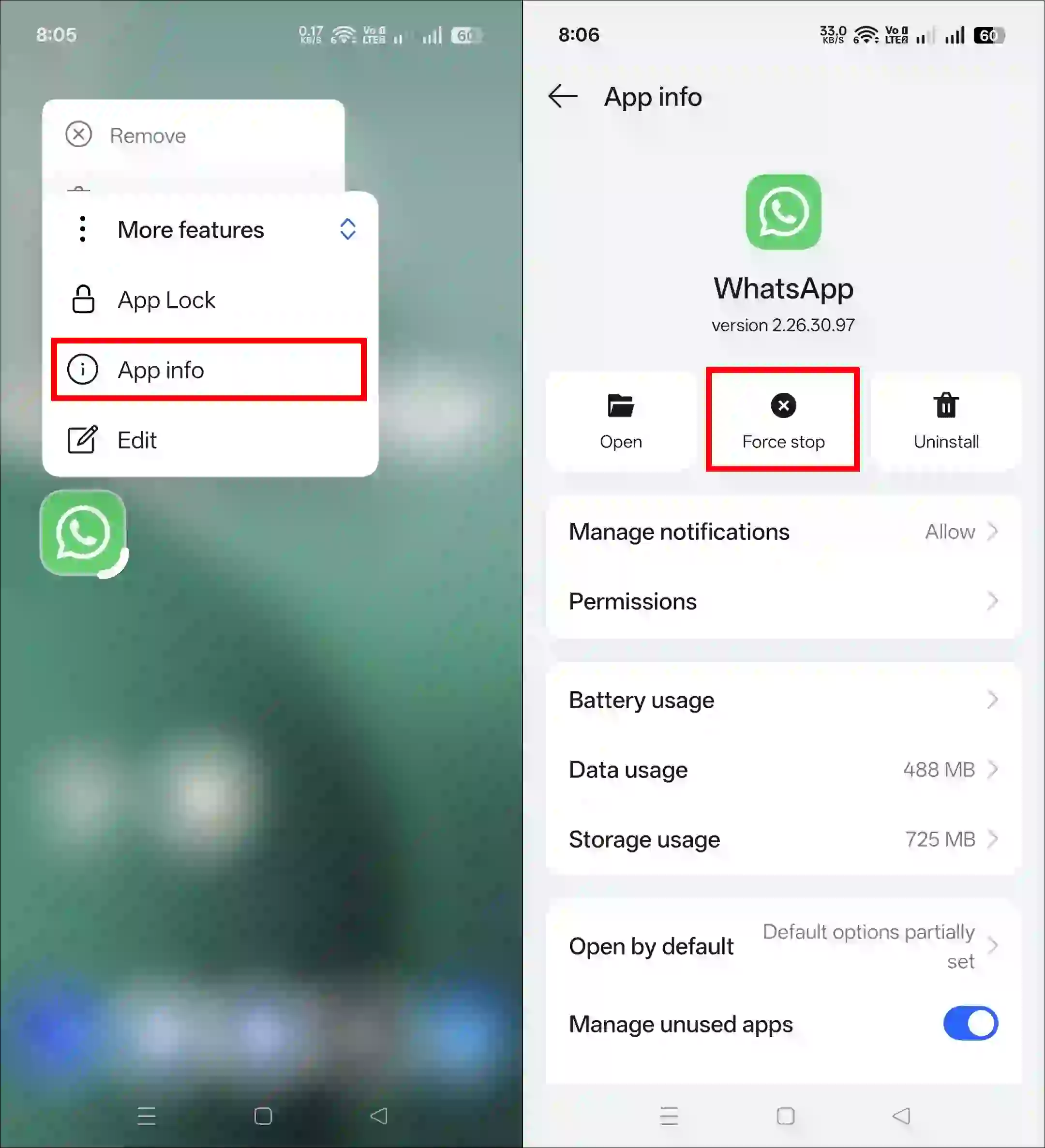 Force stop whatsapp on android