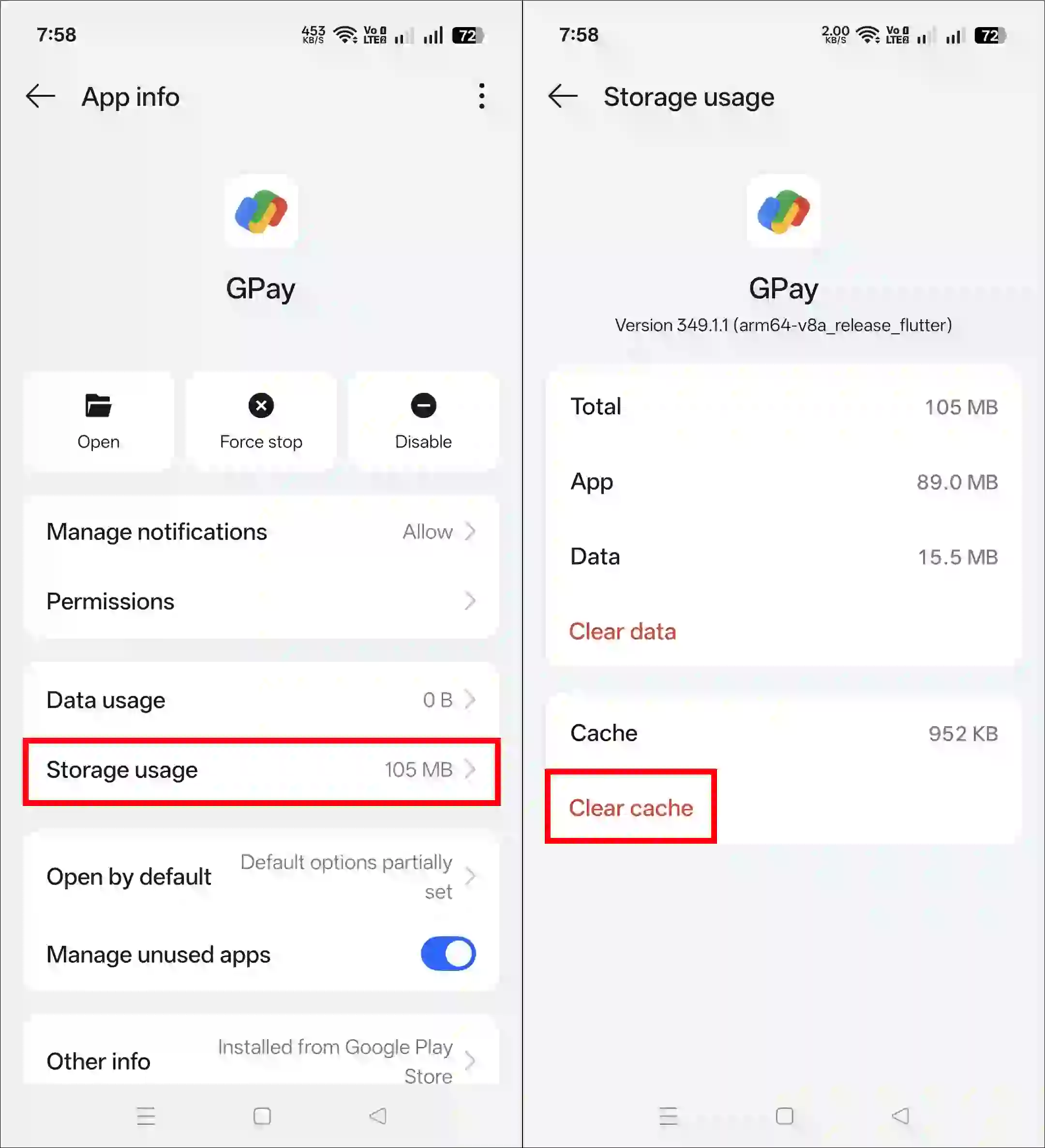 clear gpay app cache