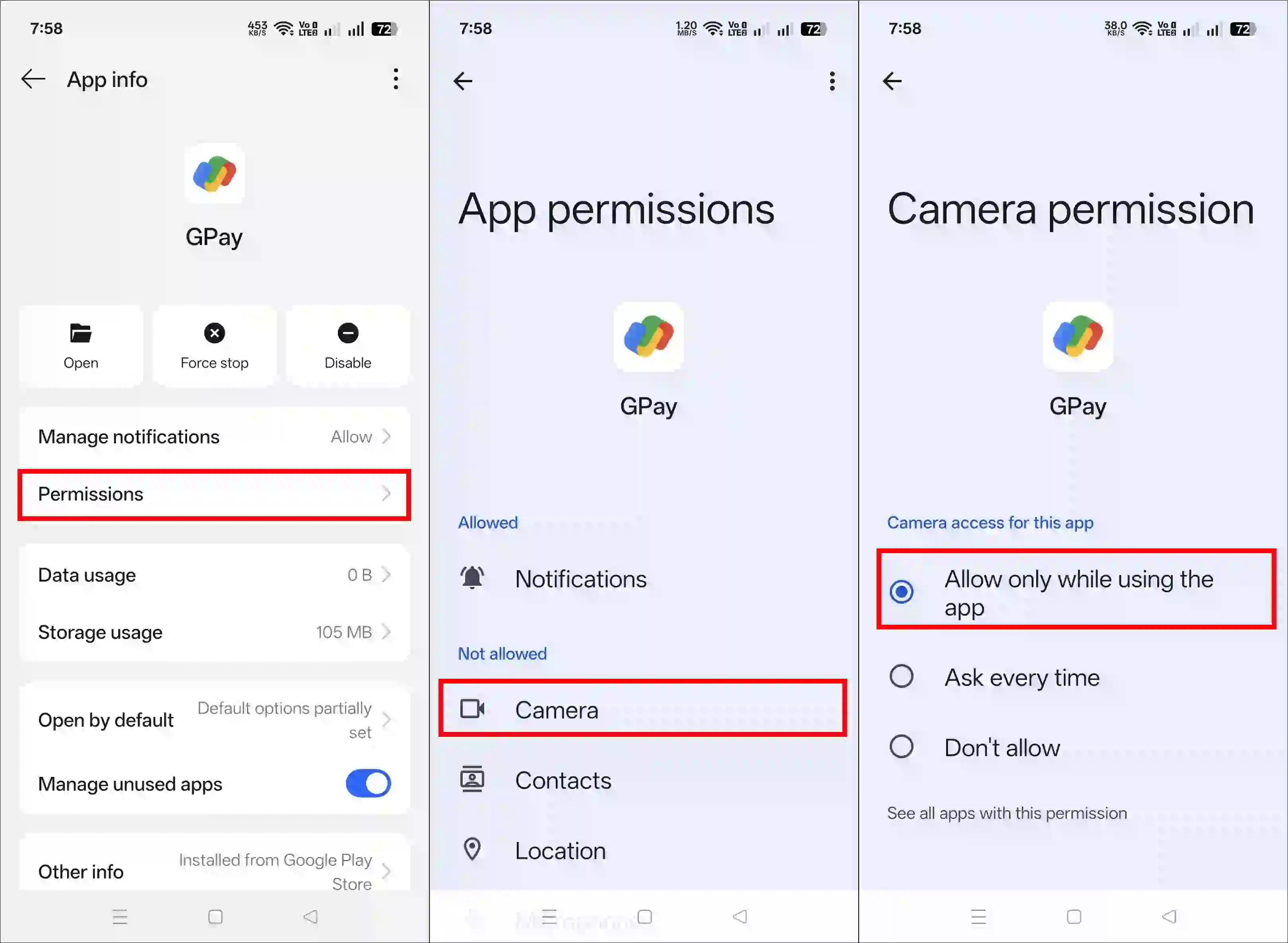 google pay camera access is turned off
